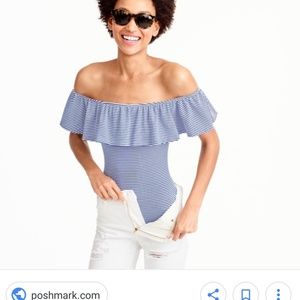 J crew off the shoulder blue striped bodysuit